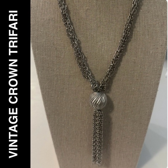Trifari Jewelry - Vintage Trifari Silver Tone Multi-Strand Tassel Necklace Textured Ball Slider